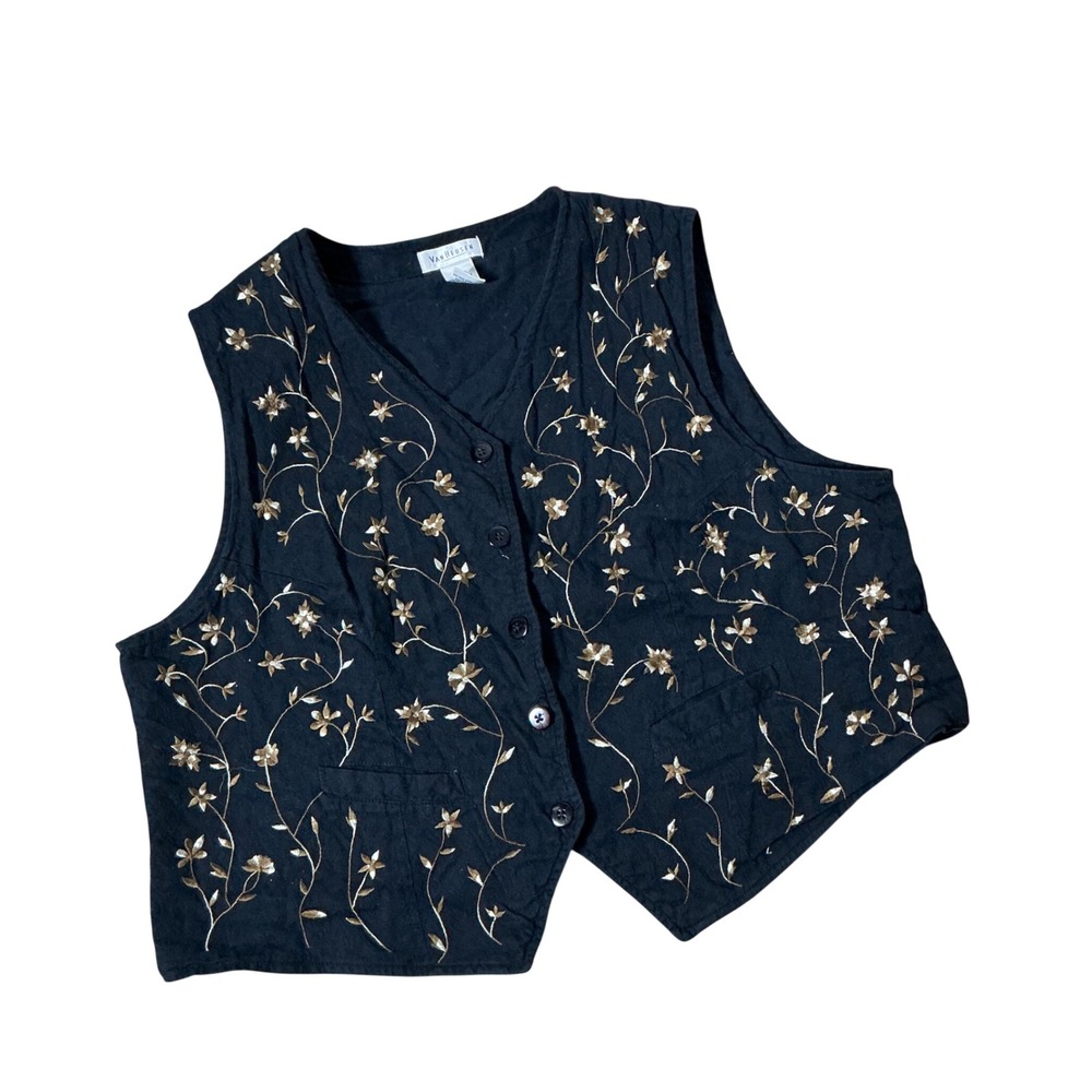 Van Heusen Embroidered Floral Vest Women XL Black Gold Cottagecore Whimsigoth